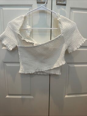 DO+BE White Smocked Off-Shoulder Ruffle Crop Top